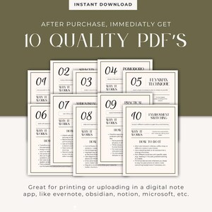 May include: Ten black and white printable PDF study guides with titles like "Pomodoro", "Spaced Repetition", "Audiovisual", "Feynman Technique", "Environment Switching", and "Practical". Each guide includes a "Why it Works" and "How" section.
