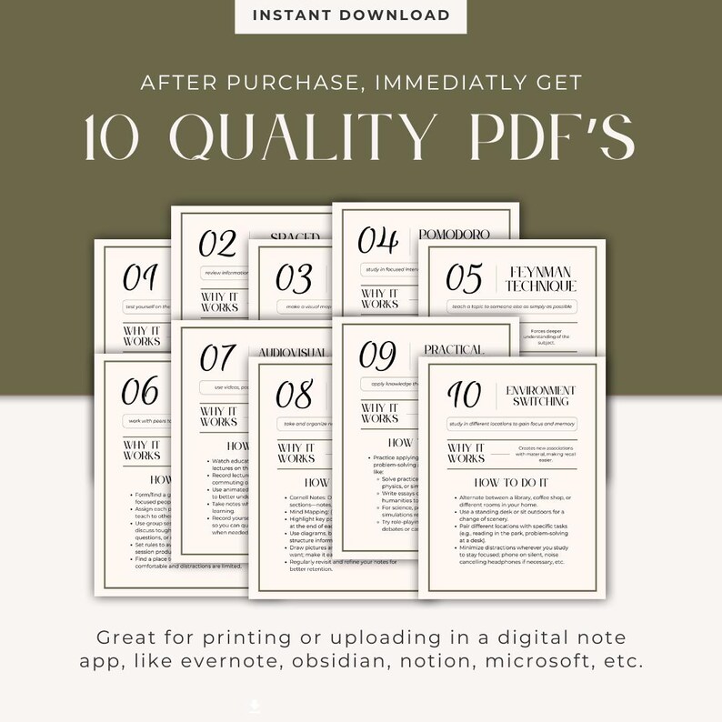 May include: Ten black and white printable PDF study guides with titles like "Pomodoro", "Spaced Repetition", "Audiovisual", "Feynman Technique", "Environment Switching", and "Practical". Each guide includes a "Why it Works" and "How" section.