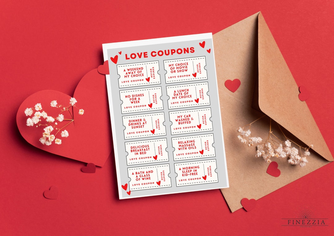 FINEZZIA Printable Love Coupons for Him &amp; Her Digital Couples Vouchers Anniversary Birthday Gift ...