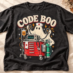 Halloween Nurse Shirt, Code Boo Ghost Graphic Tee, Funny Retro Nursing T-Shirt, ER Nurse Gift