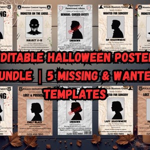 Puede incluir: Un paquete de plantillas de carteles de Halloween editables. Los carteles presentan un diseño vintage con siluetas de personas desaparecidas y personas buscadas. El texto incluye "Missing", "Wanted" y "Monster on the Loose".