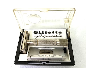 Vintage Gillette Adjustable Fat Boy Metal Razor Shaving with Platinum Plus Blades 1950’s