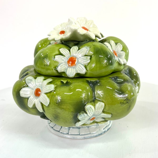 Vintage 1967 Inarco Green Cookie Jar Apple Daisy Pattern