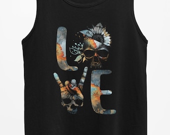 Love Skull Tank Top, Sign Of The Horns, Halloween, Spooky, Skulls Tank, Skeleton tank top, Skull t-shirt, Graphic Skull tee, Gothic Shirts