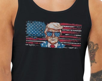 Trump With Sunglasses Tank Top, President Trump Sleeveless Tee, Patriotic, Distressed USA Flag Election Tank, Republican Trump 2024 Gift
