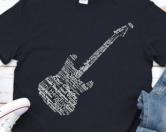 Guitar Legends Tribute grafisch T-shirt, shirt elektrische gitaar typografie, rock-'n-roll-legendes gitaristen cadeau, cadeau-ideeën muzikant