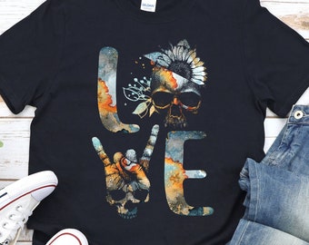 Love Skull Shirt, Sign Of The Horns, Halloween, Spooky Shirt, Skulls Shirt, Skeleton Shirt, Skull Tshirt, Skulls Shirts, Graphic Skull Tees