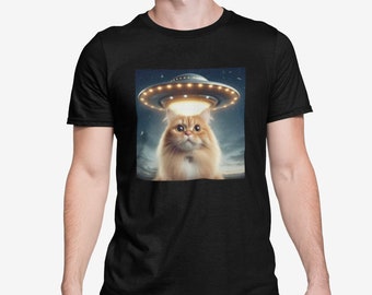 Hilarious Cat Selfie with UFO T-Shirt, Cat Lover Tee, Adorable Animal and Alien Graphic Shirt, Cat UFO Novelty Tee, Perfect Unisex Gift Idea