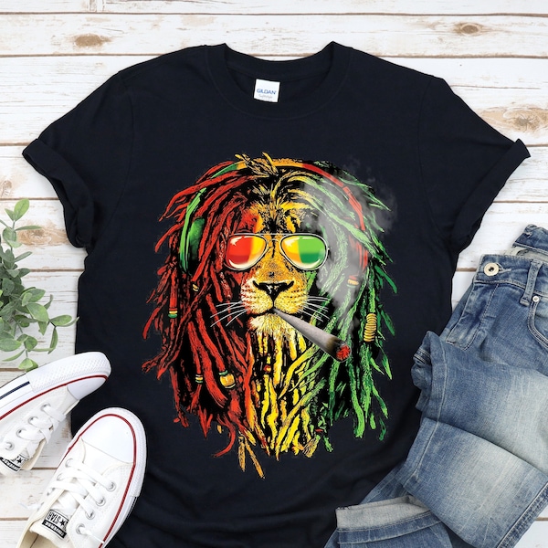 Jamaican Royal Lion Smoking Weed T-Shirt, Gift for Reggae Music and Weed Lovers, Lion of Judah, Rastafarian culture cannabis-inspired shirt