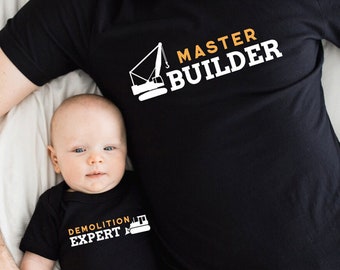 Master Builder Demolition Expert Father Son Matching Shirt Set, Funny Construction Shirts for Daddy and Me, Dad Gift, Dad and Son Outfits