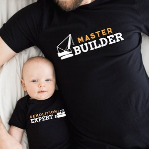 Master Builder Demolition Expert Father Son Matching Shirt Set, Funny Construction Shirts for Daddy and Me, Dad Gift, Dad and Son Outfits