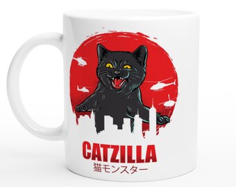 Retro 80s Horror Movie Cat Mug, Catzilla Mug, Funny Cat Themed Gifts For Cat Owners, Cute Cat Mug, Movie Inspired Coffee Mug, Funny Cat Puns