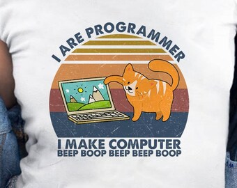 Cat Shirt, Computer Programmer Cat, Funny Cat T-Shirt, Cat Mom Shirt, Computer Cat T Shirt, Gift For Cat Owner, Vintage Retro Cat T-Shirt