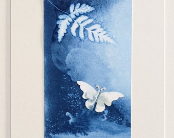 Original cyanotype of a fern frond & a cyanotype butterfly on watercolour paper, mounted to fit 8"x6" frame. A unique handmade print.