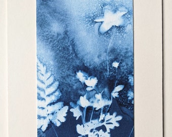 Original cyanotype of buttercups and fern on watercolour paper, mounted to fit 8"x6" frame. Unique botanical handmade print.