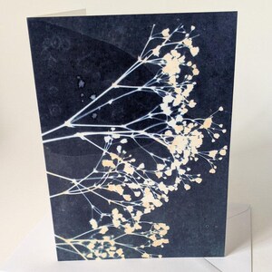 Tarjeta de felicitación botánica con acabado brillante. Extraída de mi obra original en cianotipia. Enmarcable, recuerdo, interior en blanco y con sobre.