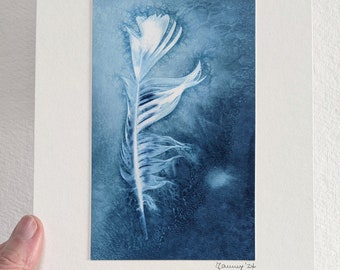 A wet cyanotype of a white feather, original work of art that cannot be repeated. Created on watercolour paper.