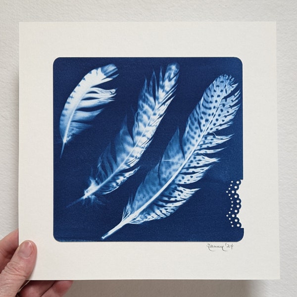 Original square cyanotype of woodcock and silver pheasant feathers with lace cut corner, handmade on watercolour paper.