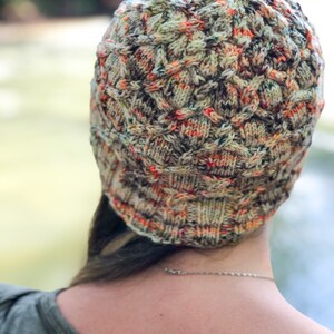 May include: A close-up of a knitted hat with a colorful, intricate pattern. The hat is made with a variety of shades of brown, orange, and green yarn.