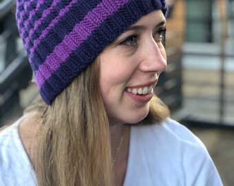 Desert Sage Hat Pattern | PDF KNITTING PATTERN | Beginner Hat Knitting Pattern | Simple Ribbed Knit Striped Beanie | Instant Download