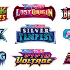 May include: A collection of nine colorful logos for the Pokemon Trading Card Game, featuring the names of different expansions: Evolving Skies, Lost Origin, Battle Styles, Brilliant Stars, Silver Tempest, Fusion Strike, Chilling Reign, Vivid Voltage, and Astral Radiance.