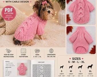 May include: A digital knitting pattern for a pink dog sweater with a cable design, featuring step-by-step instructions, charts, and size guides for S, M, L, and XL. The pattern includes measurements in inches and centimeters for various dog sizes.