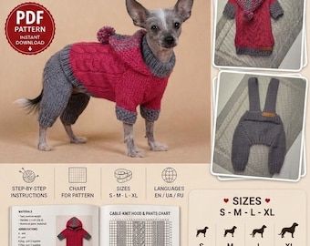 Dog Knitting Pattern PDF – Cable Knit Dog Sweater & Pants Set – Pet Outfit Pattern S M L XL – Step by Step Tutorial – 3 Languages