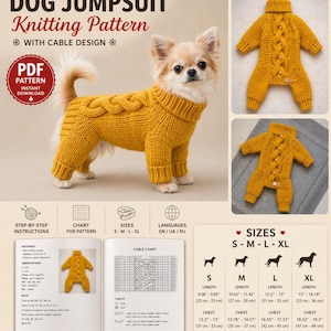 Puede incluir: Patrón de tejido de mono para perro amarillo mostaza con diseño de cable. El patrón incluye instrucciones paso a paso, una tabla y opciones de tallas de la S a la XL. La imagen muestra un perro pequeño con el mono tejido.