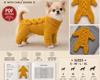 Patrón de tejido de mono para perro en PDF – mono de punto para perro con puntada de cable – tallas S, M, L, XL – patrón multilingüe en ua ru