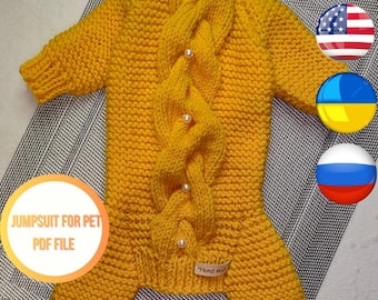 Modello di maglia per tutina per cani in PDF – tutina per cani lavorata a maglia con punto treccia – taglie S M L XL – modello multilingue en ua ru