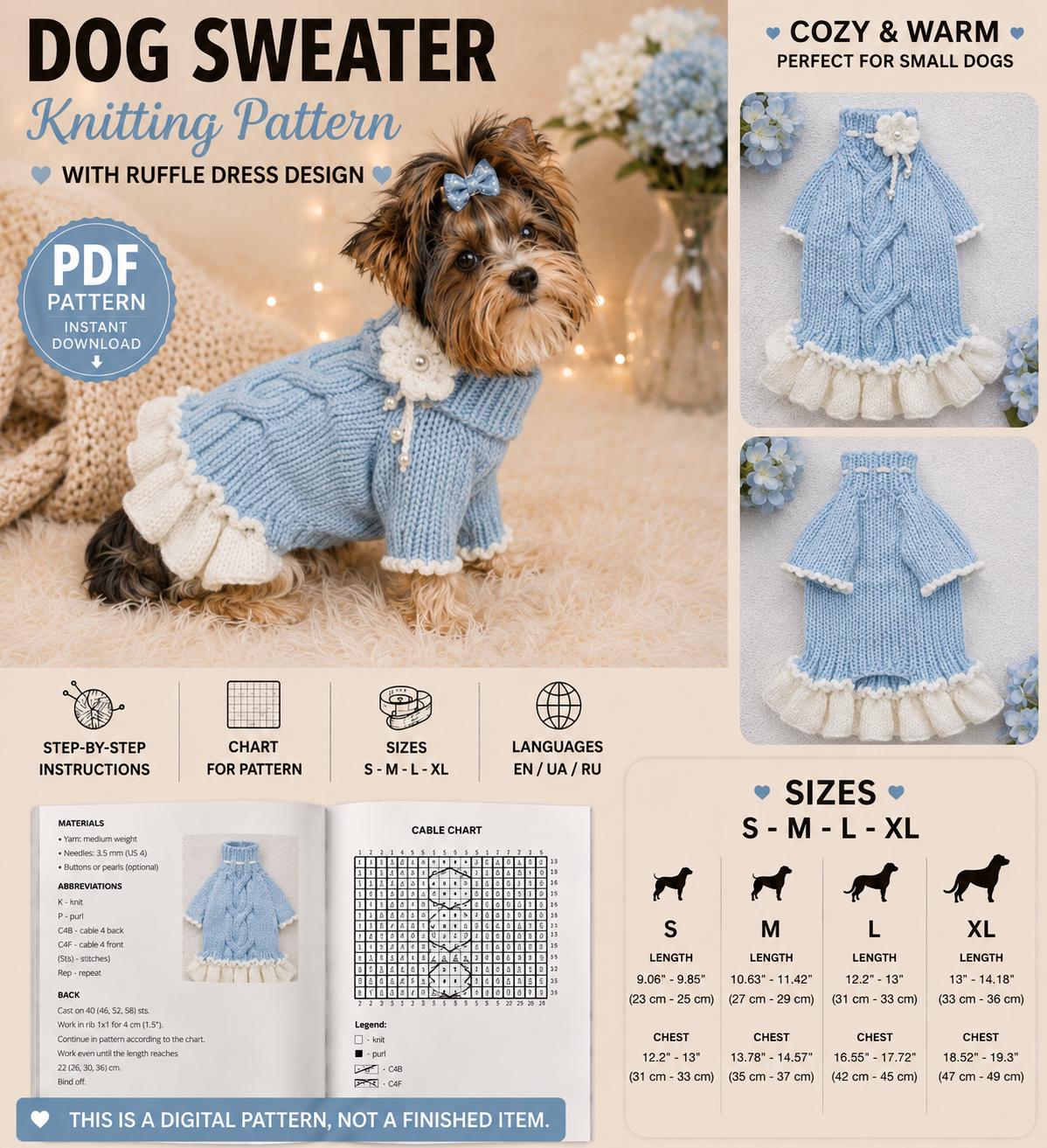 Dog Dress Knitting Pattern PDF | Small Dog Clothes Pattern | Yorkie Dress | Chihuahua Outfit | Pet Dress DIY | Sizes S M L XL