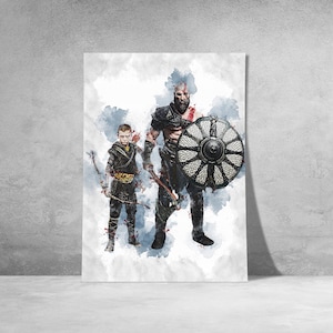 KRATOS & ATREUS POSTER - God Of War Poster - Gaming Poster - Watercolor Art - Digital Download - Printable Art - Wall Art - Game Room Decor
