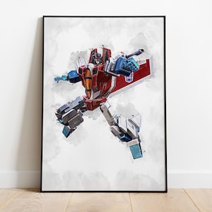 May include: A watercolor painting of a red, white, and blue robot with a jetpack. The robot is flying through the air with its arms outstretched.