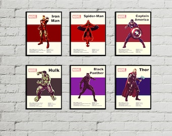 MARVEL HEROES POSTER Set - Iron Man, Spider-Man, Capitan America, Hulk, Black Panther, Thor - Avengers - Arte stampabile - Arte digitale - Arte murale