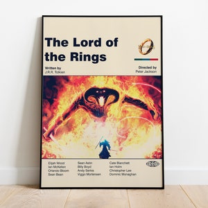 May include: A movie poster for The Lord of the Rings, featuring a fiery image of the Balrog, a demonic creature from the fantasy novel series. The poster includes the title, the author J.R.R. Tolkien, the director Peter Jackson, and a list of actors.