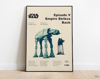 May include: A vintage style poster for the movie Star Wars: Episode V - The Empire Strikes Back. The poster features a black frame and a beige background with a silhouette of two AT-AT walkers. The text "STAR WARS" is in black at the top of the poster, and the title "Episode V Empire Strikes Back" is in black below the walkers. The poster also includes the names of the actors and the director, as well as the year 1980.