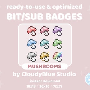 Emblemas de sub e bits do Mushroom Pixel Art Twitch・ 9 emblemas fofos do Mushroom Pixel Art Twitch/Youtube/Discord Streamer Loyalty and Cheer Stream