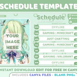 May include: A green and white schedule template with a frog theme. The template includes a space for a profile picture, a schedule for the week, and the text "Schedule, Week of Month X - Month Y, all times are in PST".