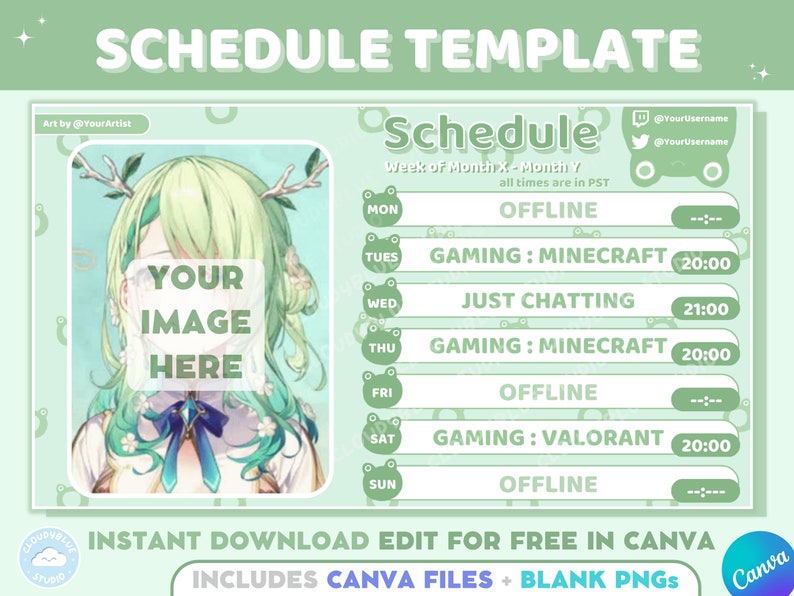Frog twitch stream schedule template cute green frogs twitch streamer