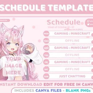 Pink Twitch Stream Zeitplan Vorlage・ Niedlicher Pink Simple Twitch Streamer Vtuber Wochenplan・Enthält CANVA + PNGs・Vtuber-Assets