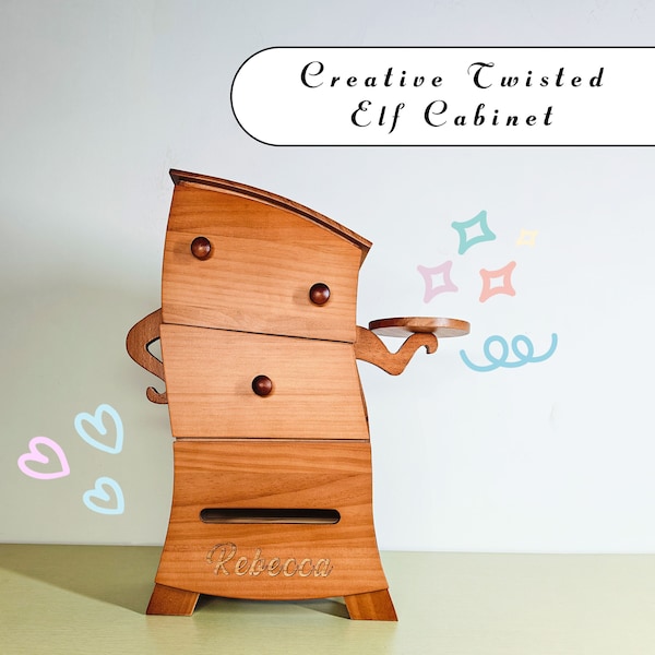 Creative Waist Elf Wooden Cabinet - Handmade Name Carving Three Drawer Chest bedside table - Unique small cabinet - Gift for friends