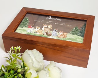 Baby Keepsake Box, Brown pine wood box ＆ Clear acrylic lid, Personalized baby memory box, Birthday gift for children, Custom baby gift