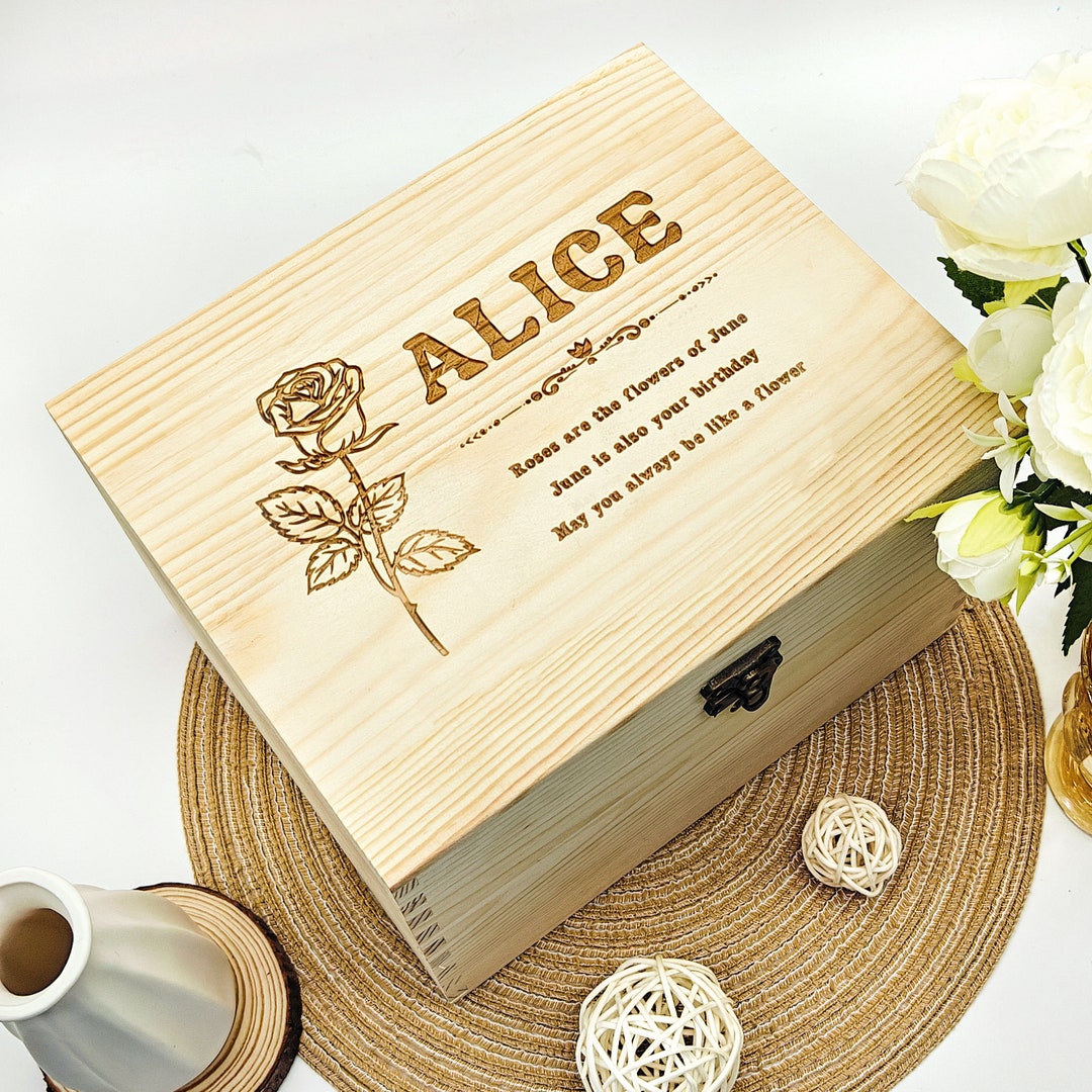 Custom Birth Flower Wooden Box, Vintage Carved 12 Months Flowers Wooden