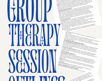 May include: A blue and white graphic with the text "GROUP THERAPY SESSION OUTLINES" in large, bold, blue letters. The graphic also includes the text "2025" in the bottom left corner and "@NICOLEENOELLE" in the bottom right corner. The text "30 OUTLINES" is in the bottom right corner.