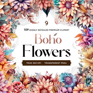 109 Boho Flowers, Leaves and Feathers  PNG, Boho Decorations, Premium Floral Clipart, Commercial Use, 300 DPI, Digital Clipart PNG, Bundle