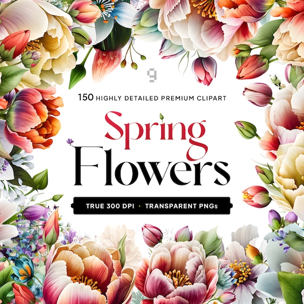 150 Spring Flowers PNG, Premium Floral Clipart, Spring & Summer Elements, Bouquets, Commercial Use, 300 DPI, Digital Clipart PNG, Bundle