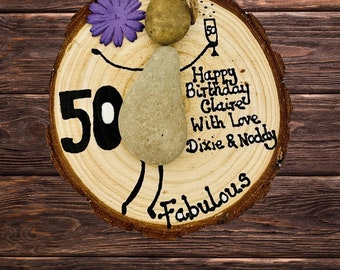 50th Birthday Gift For Her Wooden Plaque Fabulous Pebble Art Gift