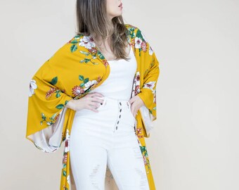 Verano Kimono Floral Mostaza Estampado blusa Verano kimono Resort crucero kimono ligero kimono Playa encubrimiento Art Lover Kimono