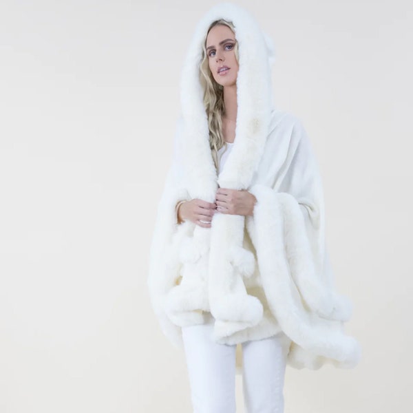 Fur White Hoodie Cape Winter Wool Acrylic Vintage Ruana Batwing Shawl Faux Fur Wedding Bridal Coat Evening Party Soft Feel Faux Fur