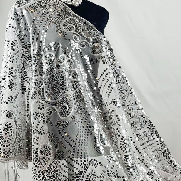White Floral Vintage Sequin Mesh White Scarf,  Mesh Sequin Wedding Cape Fringed Evening Shawl, Bling Elegant Wrap for Woman. Gray scarf